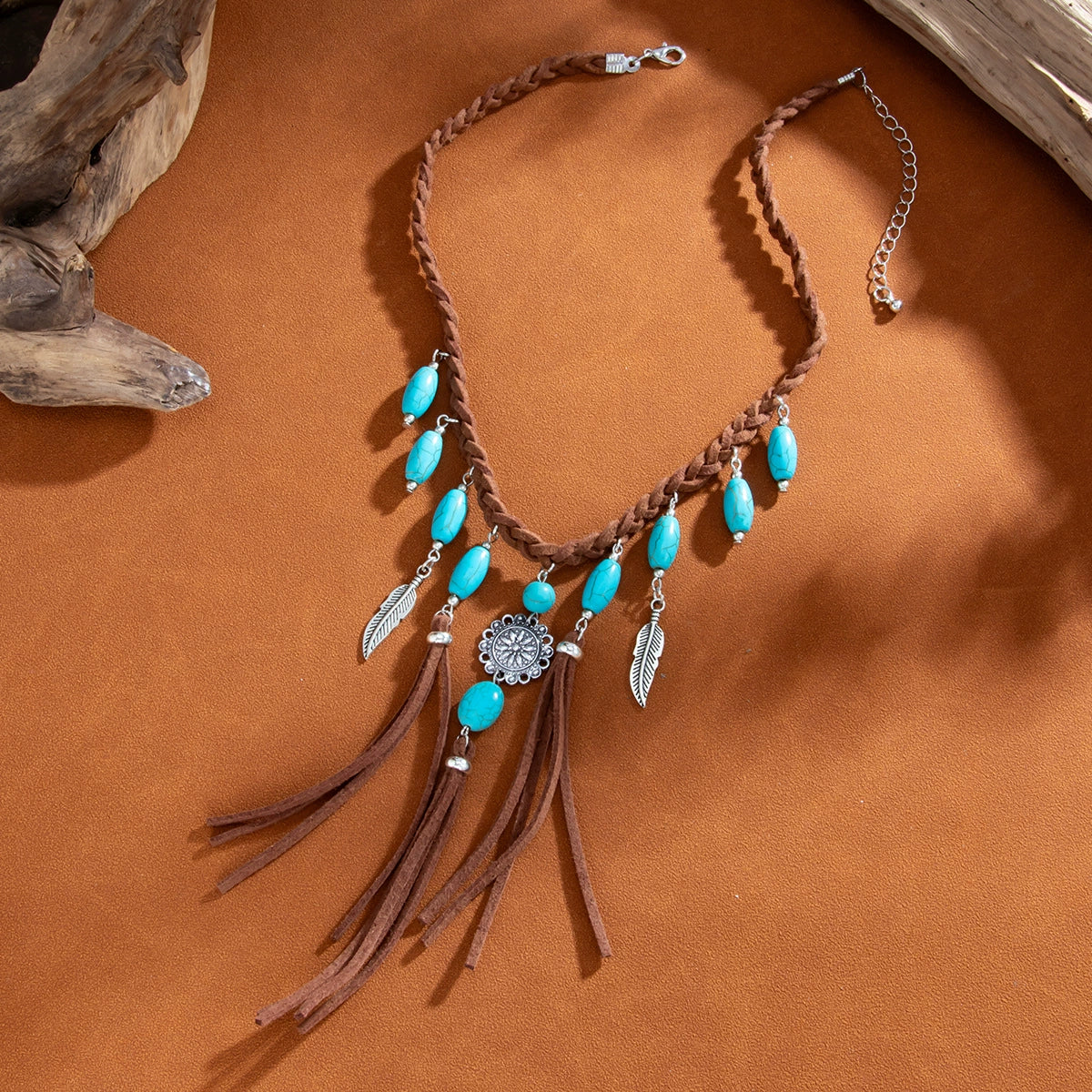 Pendant Necklace Alloy Imitation Turquoise Geometric Electroplating Braided Tassel Velvet Women's Horse Whip Chain - Image 4