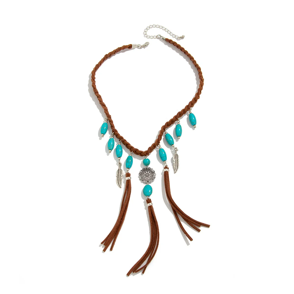 Pendant Necklace Alloy Imitation Turquoise Geometric Electroplating Braided Tassel Velvet Women's Horse Whip Chain - Image 5
