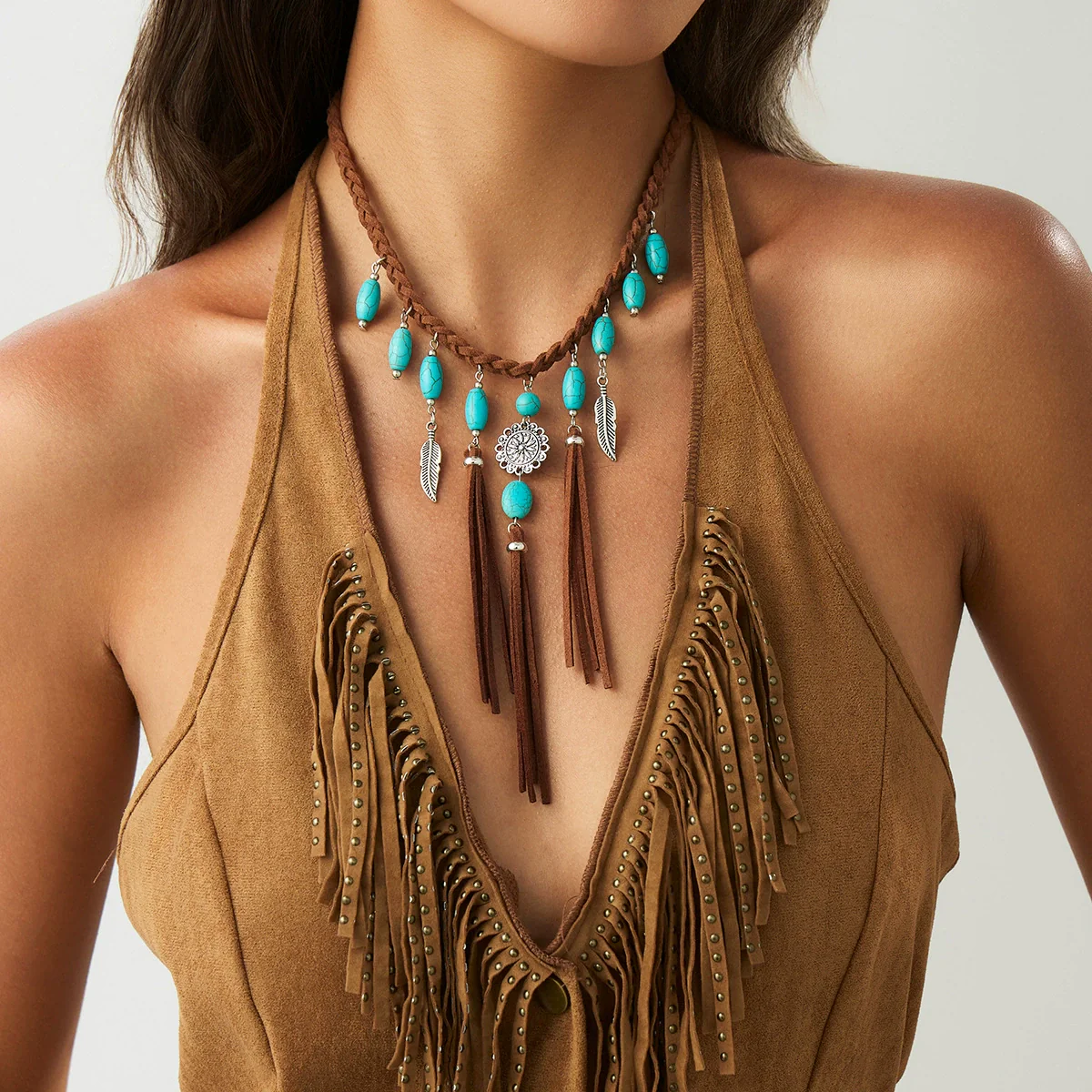 Pendant Necklace Alloy Imitation Turquoise Geometric Electroplating Braided Tassel Velvet Women's Horse Whip Chain - Image 6
