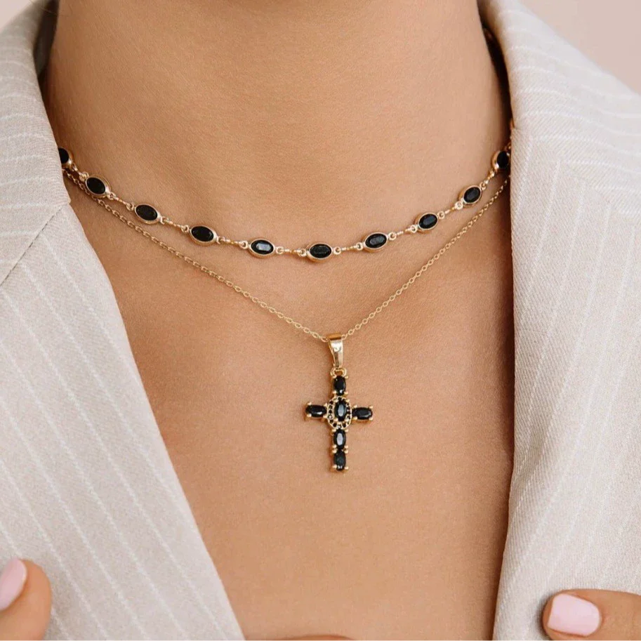 Pendant Necklace Copper Inlaid With Zircon Geometric Electroplating Doublelayer Stacked Chain