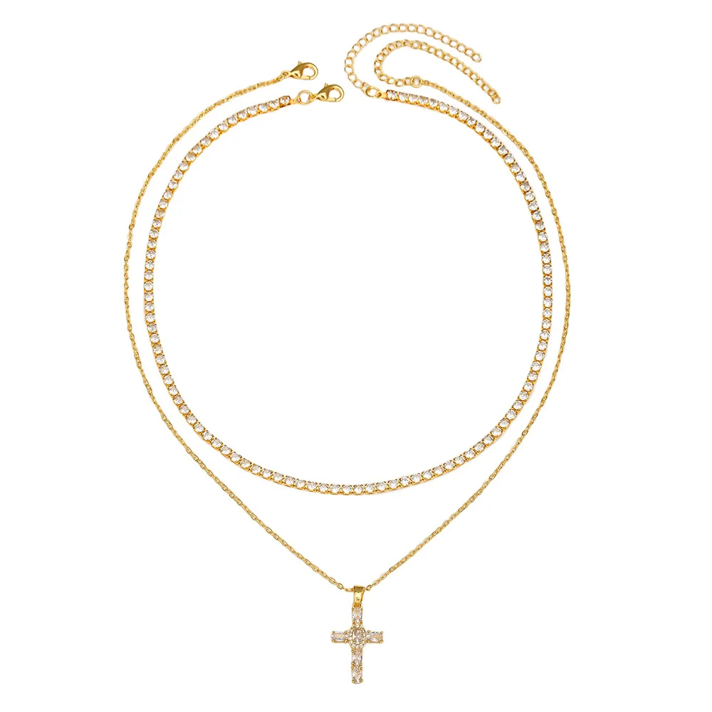 Pendant Necklace Copper Inlaid With Zircon Geometric Electroplating Doublelayer Stacked Chain - Image 6