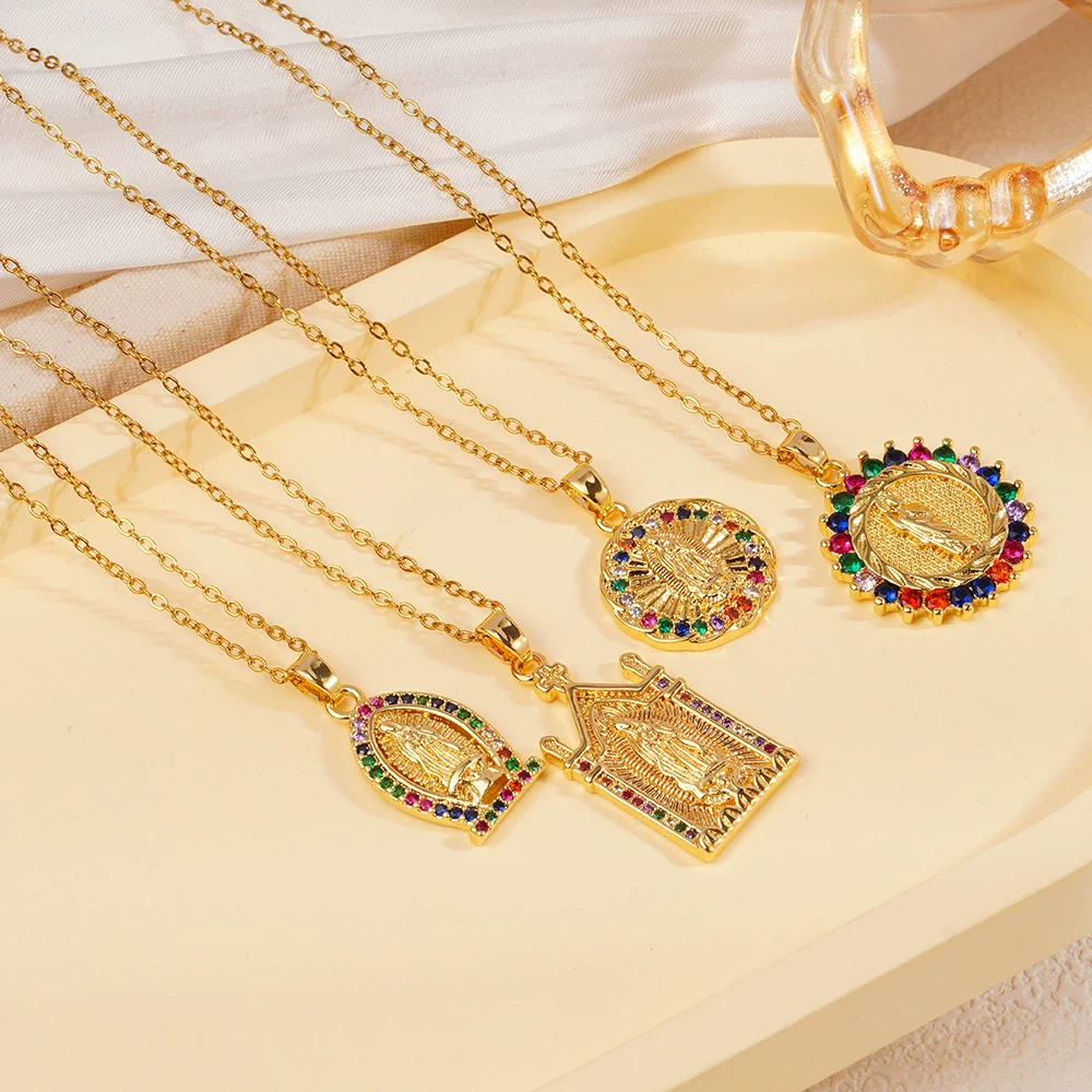 Pendant Necklace Copper Plated Real Gold Light Luxury Geometric Mixed Gemstone Setting Jewelry O Word Chain - Image 3