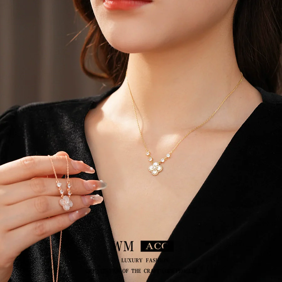 Pendant Necklace Flower Pattern Motherofpearl Real Gold Electroplated Copper 925 Silver Zirconia Women's Light Luxury Style - Image 2