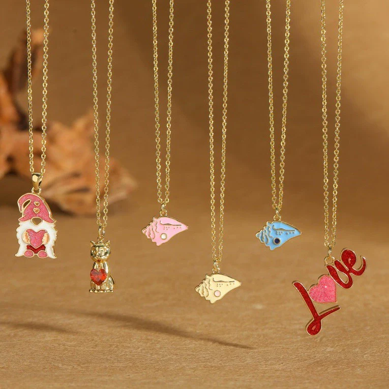 Pendant Necklace Ladies Clavicle Chain Simple Cute Retro Oil Dripping Love Word Design Copper Electroplating Geometric Style Mixed Gemstone Setting O Word Chain
