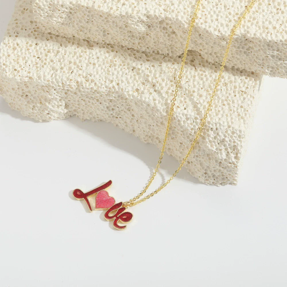 Pendant Necklace Ladies Clavicle Chain Simple Cute Retro Oil Dripping Love Word Design Copper Electroplating Geometric Style Mixed Gemstone Setting O Word Chain - Image 4