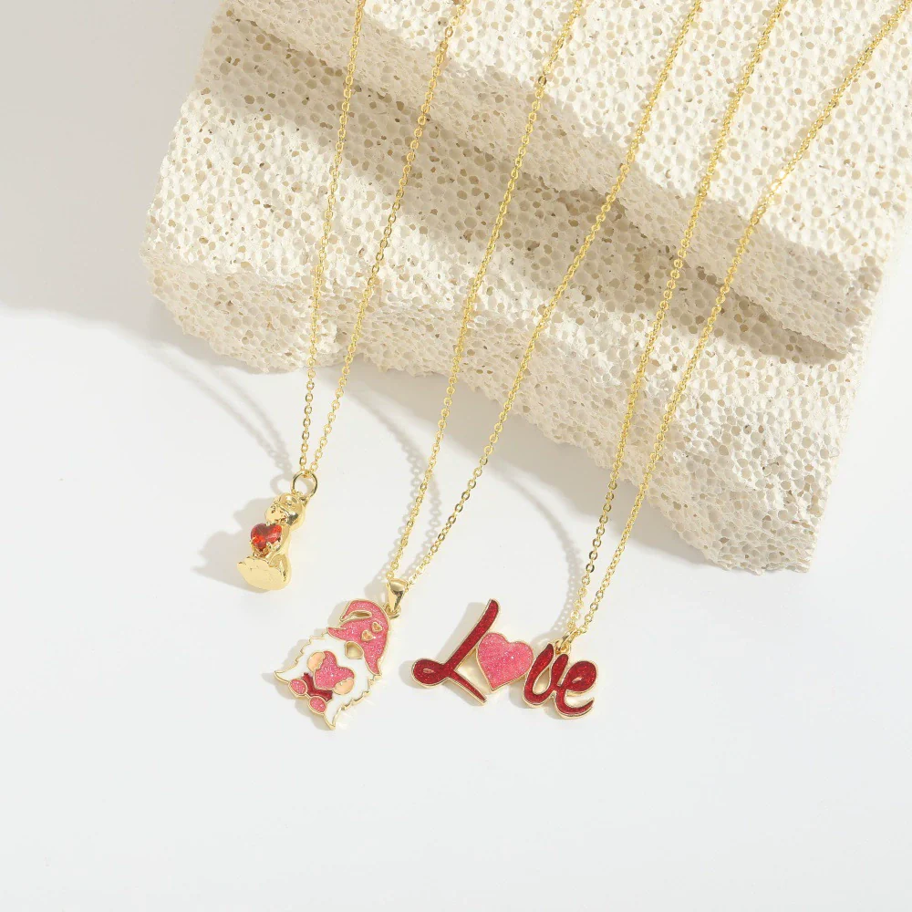 Pendant Necklace Ladies Clavicle Chain Simple Cute Retro Oil Dripping Love Word Design Copper Electroplating Geometric Style Mixed Gemstone Setting O Word Chain - Image 5