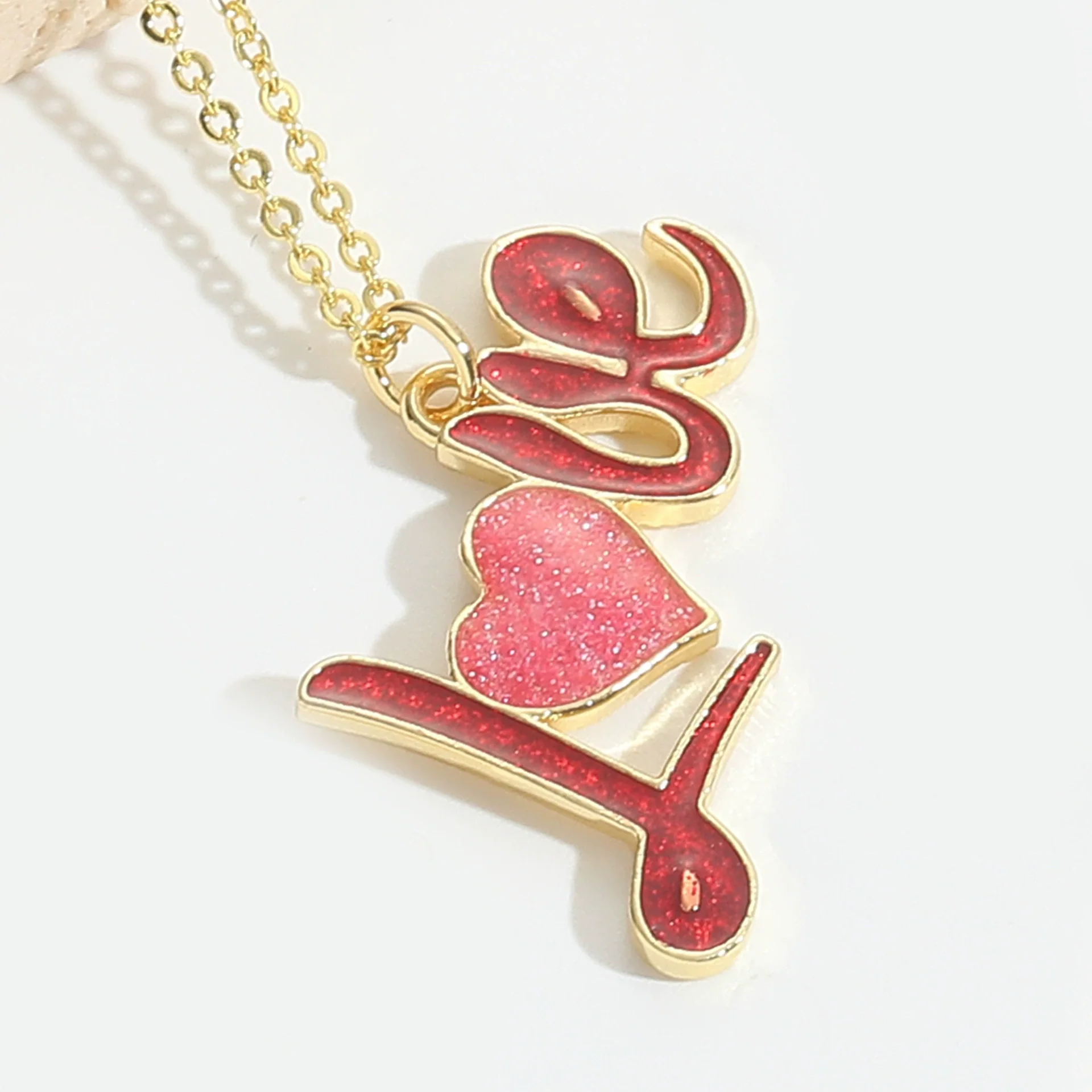 Pendant Necklace Ladies Clavicle Chain Simple Cute Retro Oil Dripping Love Word Design Copper Electroplating Geometric Style Mixed Gemstone Setting O Word Chain - Image 6