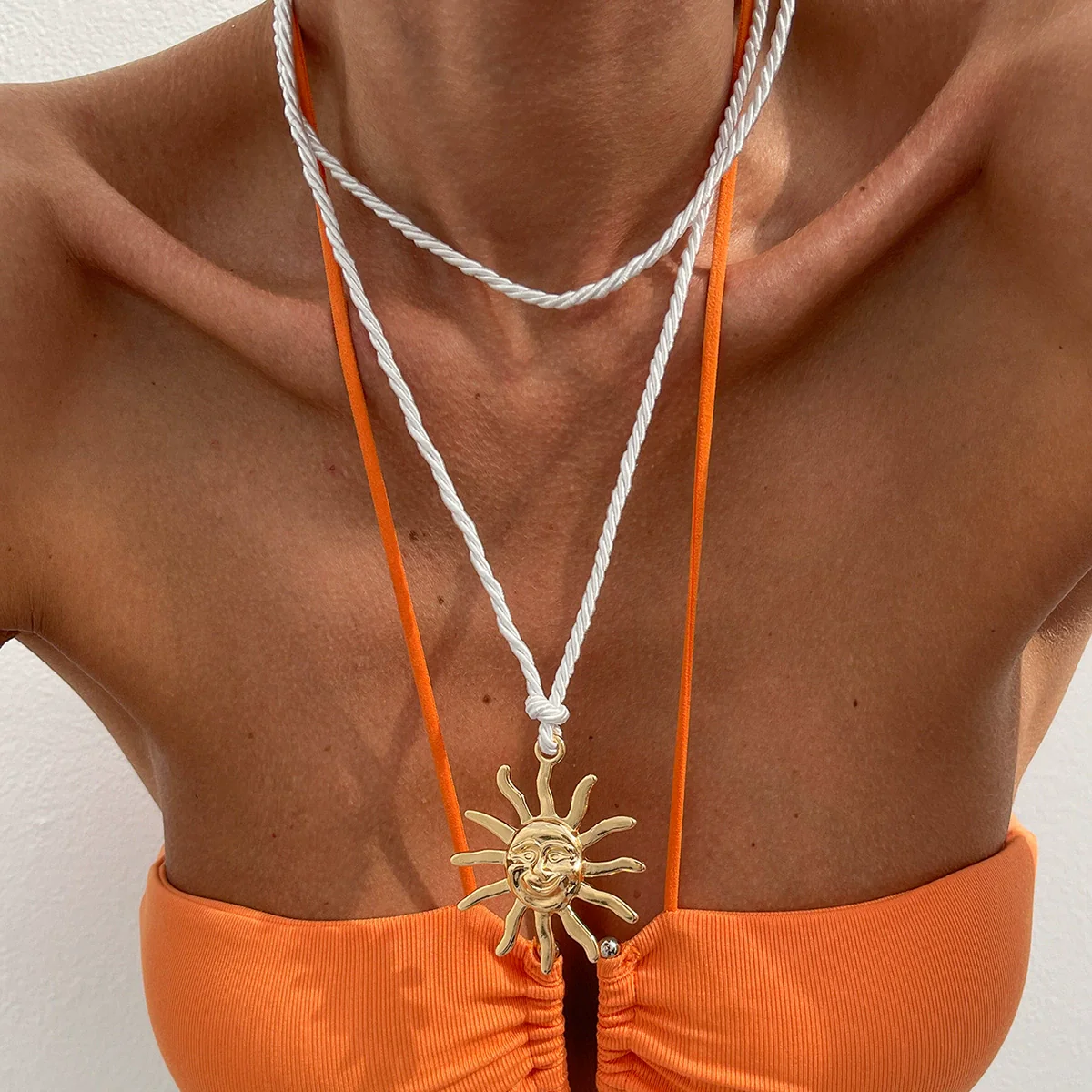 Pendant Necklace Metal Alloy Rope Geometric Sunflower Face Retro Electroplating For Women - Image 3