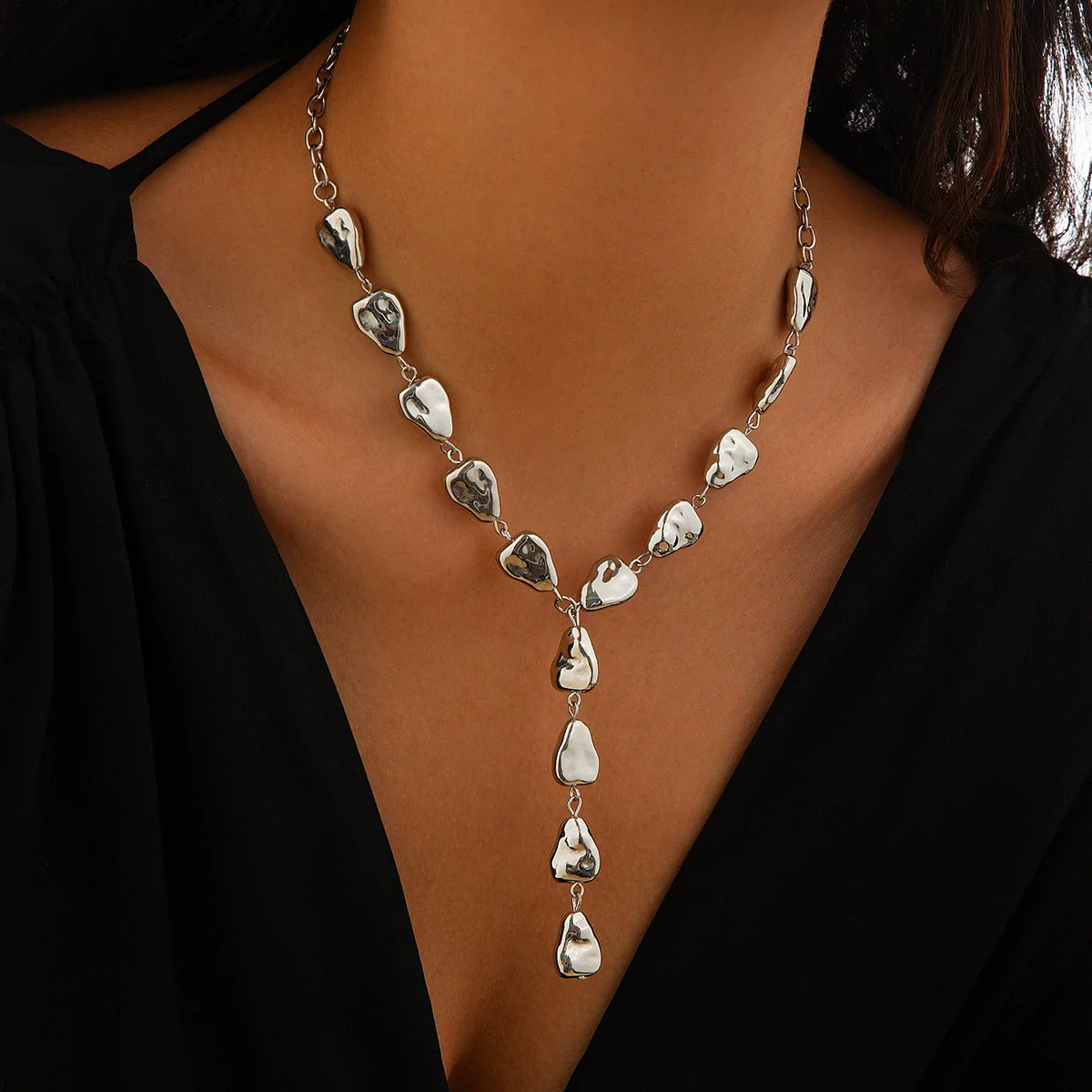 Pendant Tassel Necklace Plastic Resin Drop Shape Hammered Pattern Electroplating Handmade Chain For Women - Image 3