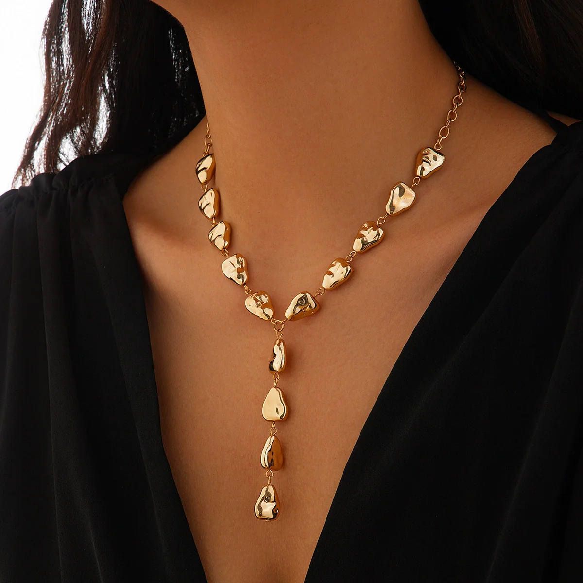 Pendant Tassel Necklace Plastic Resin Drop Shape Hammered Pattern Electroplating Handmade Chain For Women - Image 6