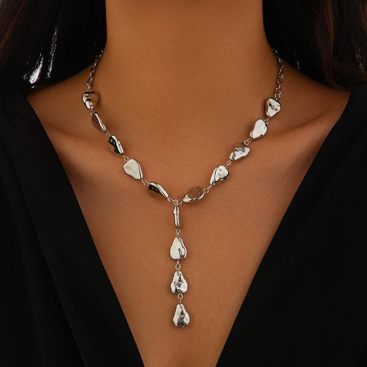 Pendant Tassel Necklace Plastic Resin Drop Shape Hammered Pattern Electroplating Handmade Chain For Women - Image 7