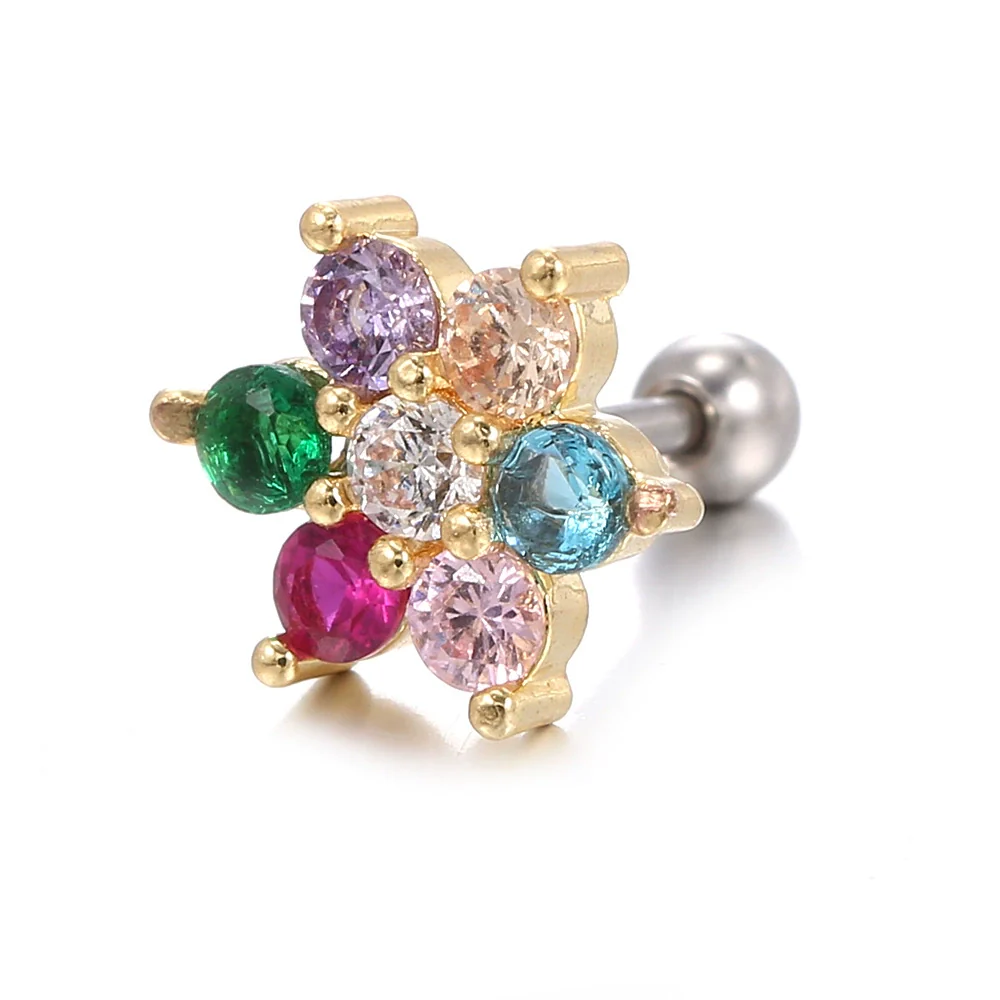 Piercing Jewelry Screw Earrings Copper Real Gold Plated Small Flower Zircon For Women - Image 3