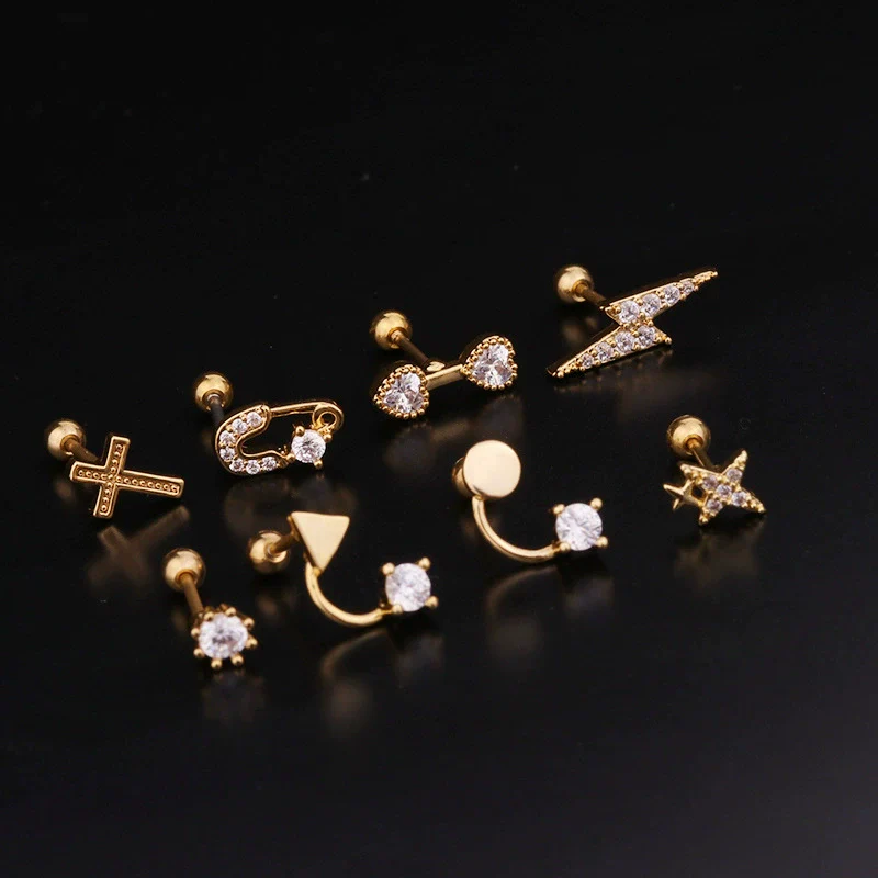 Piercing Thread Earrings Stainless Steel Rose Gold Zircon Geometric Fashion Jewelry For Women - Image 4