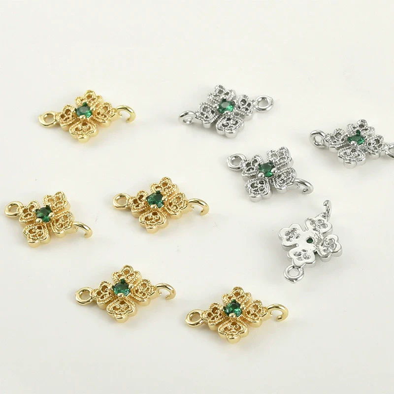 Pocket Green Zirconium Double Hanging Four Leaf Flower Pendant Diy Hand Beaded Copper Electroplated Bracelet Necklace Connection Accessories - Image 2
