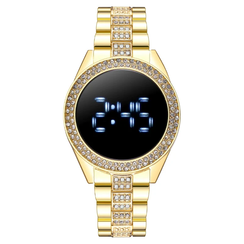 Popular Fashion Diamondencrusted Digital Watch With Metal Case And Strap Round Dial Mineral Reinforced Glass Mirror - Image 2