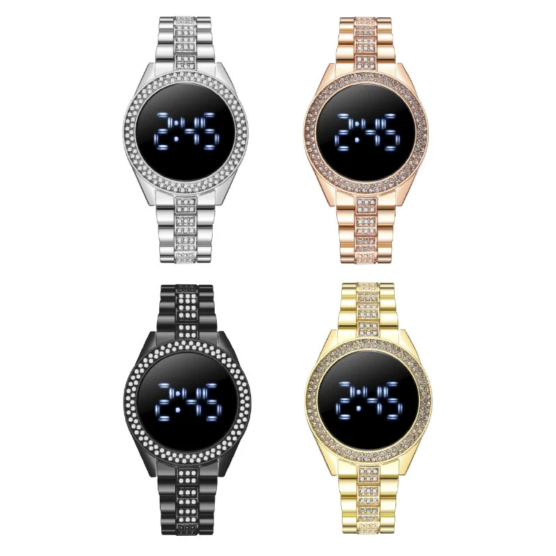 Popular Fashion Diamondencrusted Digital Watch With Metal Case And Strap Round Dial Mineral Reinforced Glass Mirror - Image 5