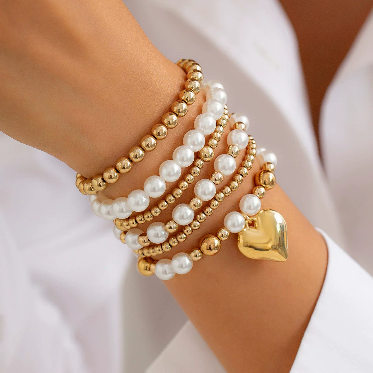 Punk Stacked Love Pendant Beaded Bracelet Imitation Pearl Elastic Bracelet Electroplating Heart Geometric - Image 3