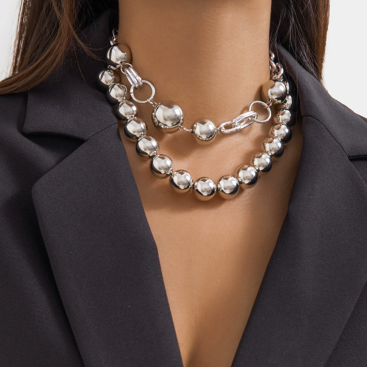 Punk Style Double Layer Round Beaded Necklace With Imitation Pearl Pendant And Ball Chain Geometric Pattern Electroplated For Women - Image 7