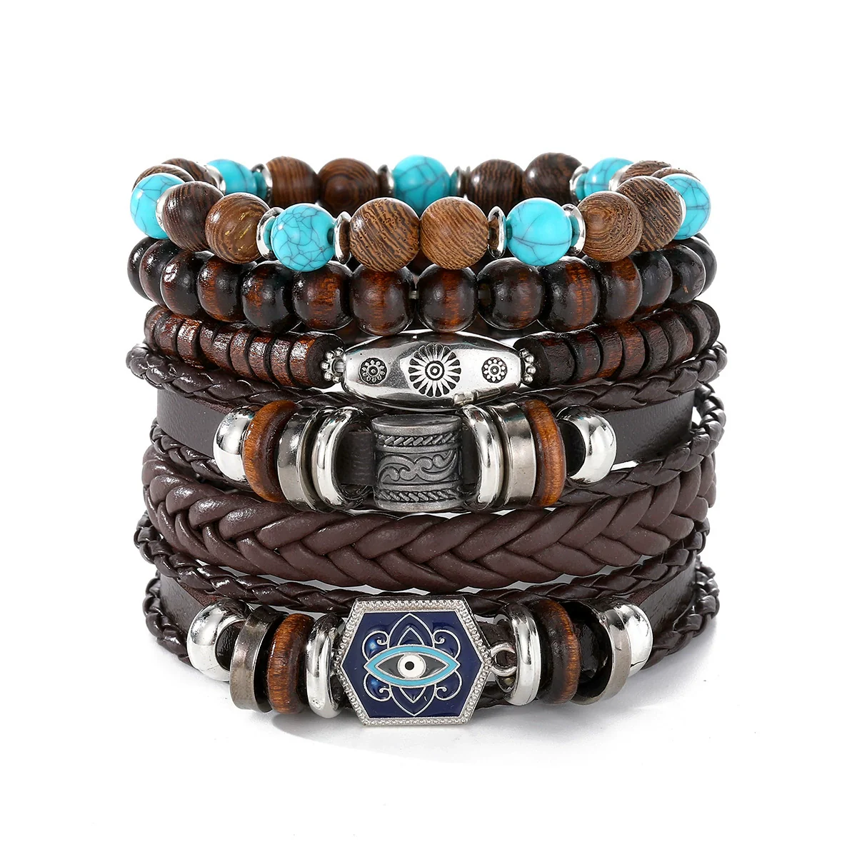 Punk Style Geometric Artificial Leather Handwoven Men's Bracelet Sixpiece Set - Image 8