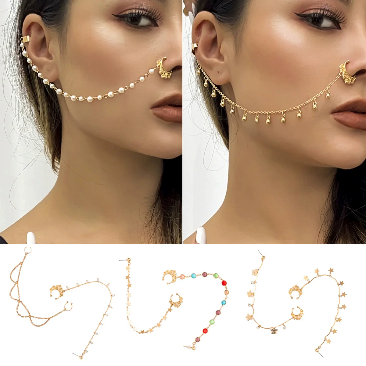 Punk Style Piercing Jewelry Imitation Pearl Butterfly Tassel Chain Earrings And Nose Clips For Women Iron Copper Electroplating Animals Zodiac - Image 2