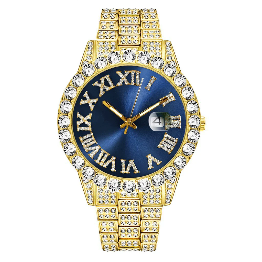 Quartz Watch With Steel Belt Full Diamond Sparkling Round Dial Metal Case Ordinary Glass Mirror Spiral Crown Universal Gender - Image 3