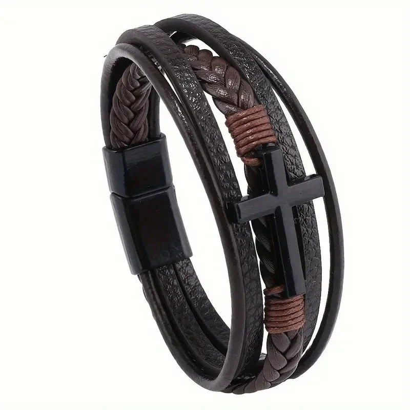 Retro Black Cross Multilayer Handwoven Leather Men's Bracelet - Image 7