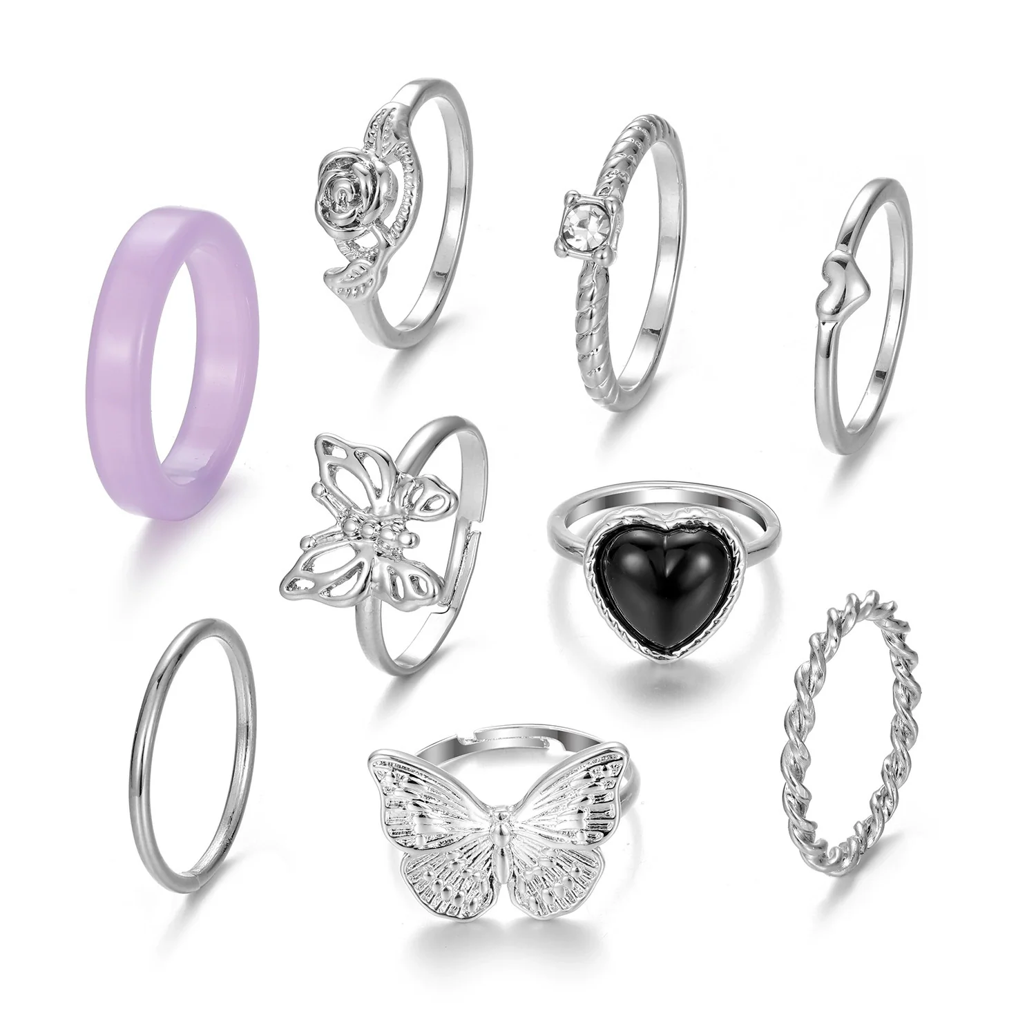 Retro Butterfly Ring Set Alloy Heart Shaped Electroplated Unisex - Image 5