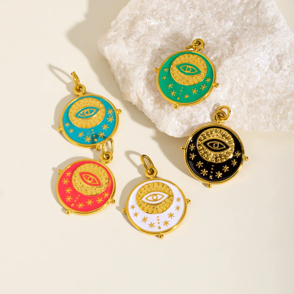 Retro Geometric Round Stainless Steel Pendant With Eyes Stars Sun And Dripping Oil Design - Image 2