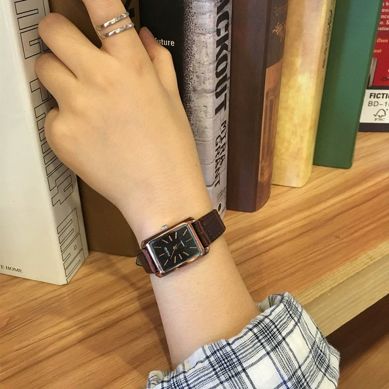 Retro Square Belt Watch Alloy Case Stainless Steel Clasp Genuine Leather Strap For Female - Image 3