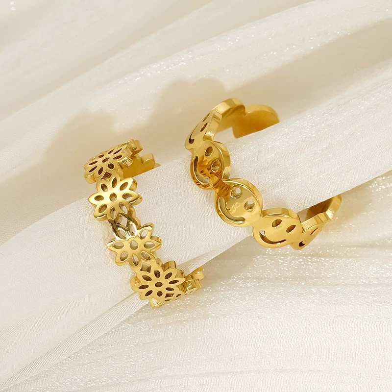 Retro Style 316L Stainless Steel Geometric Smiley Face Open Ring With Electroplating - Image 2