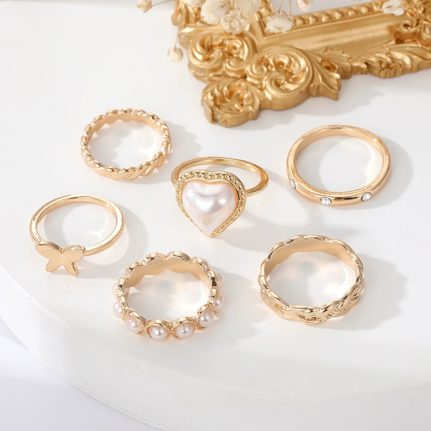 Ring Alloy Heart Retro Butterfly Pearl Joint Electroplating Unisex Set - Image 4