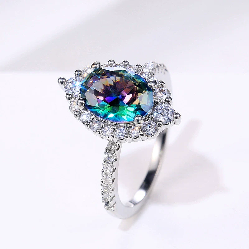 Ring Copper Four Claw Inlaid Color Zircon Geometric Women's