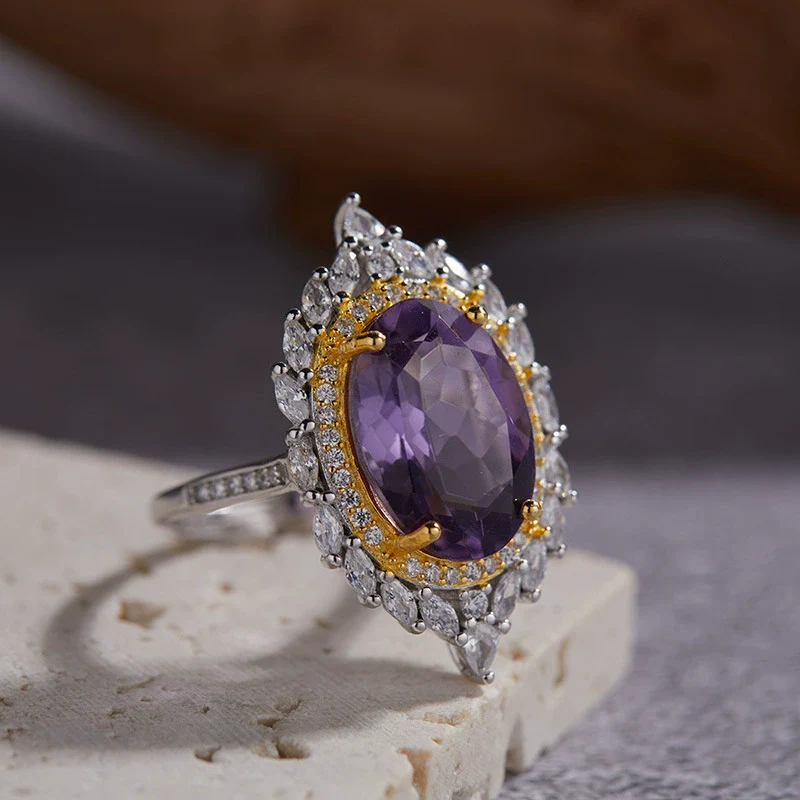 Ring S925 Sterling Silver 18K Gold Plated Crystal Geometric Set With Gems - Image 8