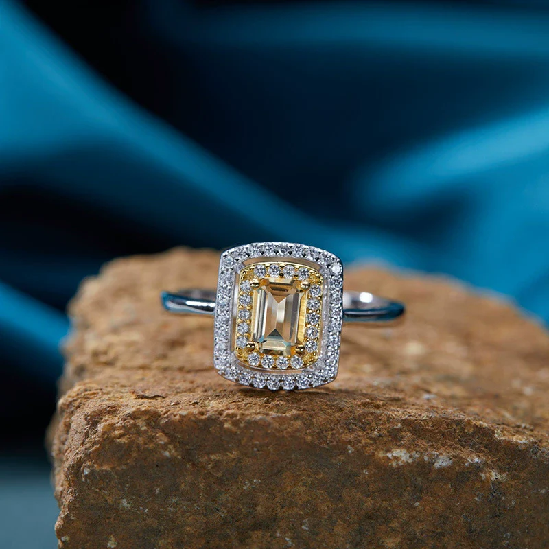 Ring S925 Sterling Silver Crystal Natural Citrine Amethyst Colored Gemstone Geometric Ushaped Set With Gems Light Luxury Style - Image 4
