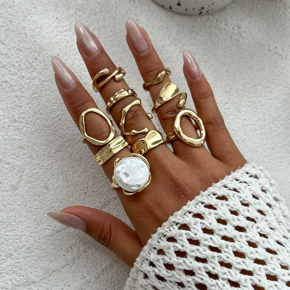 Ring Set Alloy Imitation Pearl Geometric Style Electroplating - Image 12