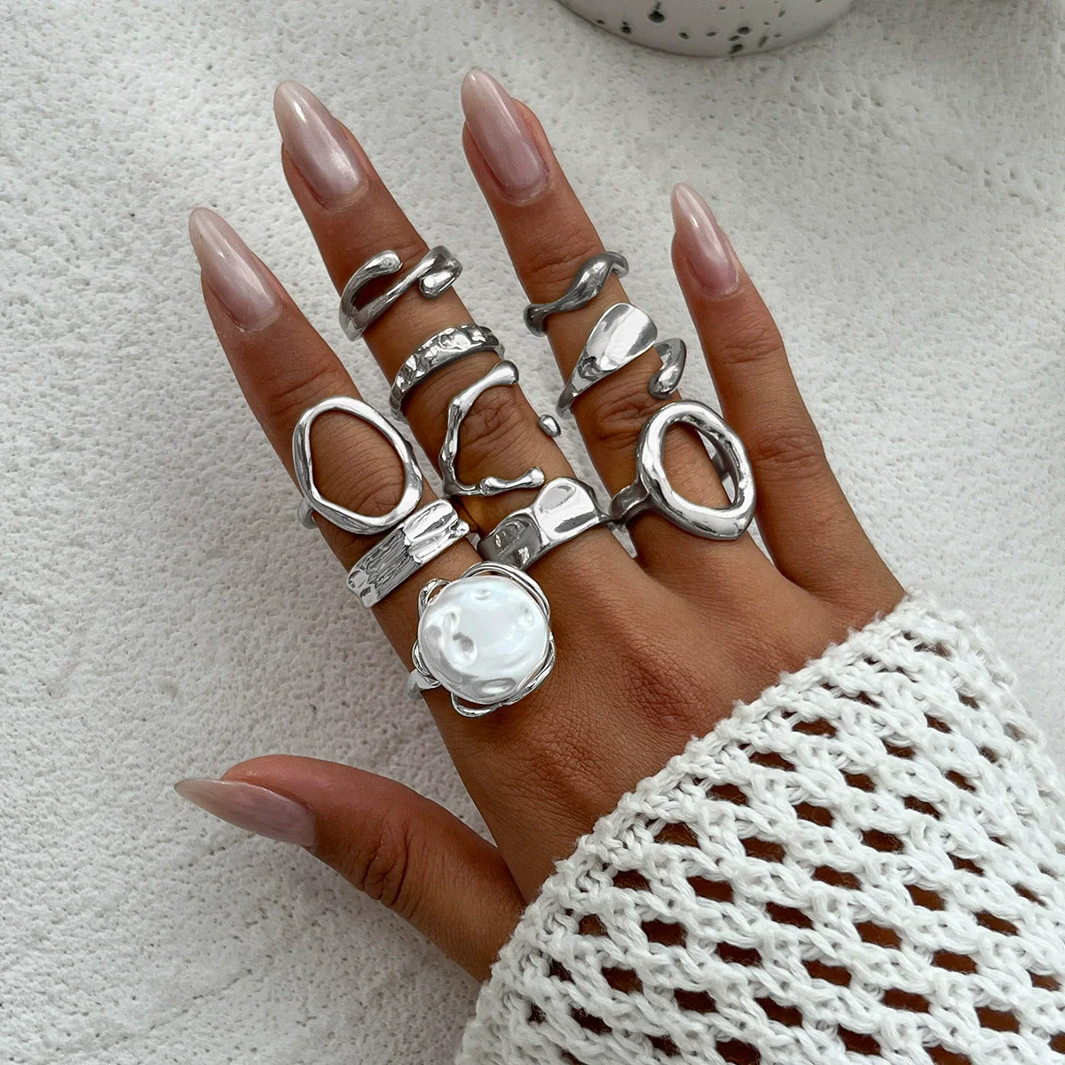 Ring Set Alloy Imitation Pearl Geometric Style Electroplating - Image 13