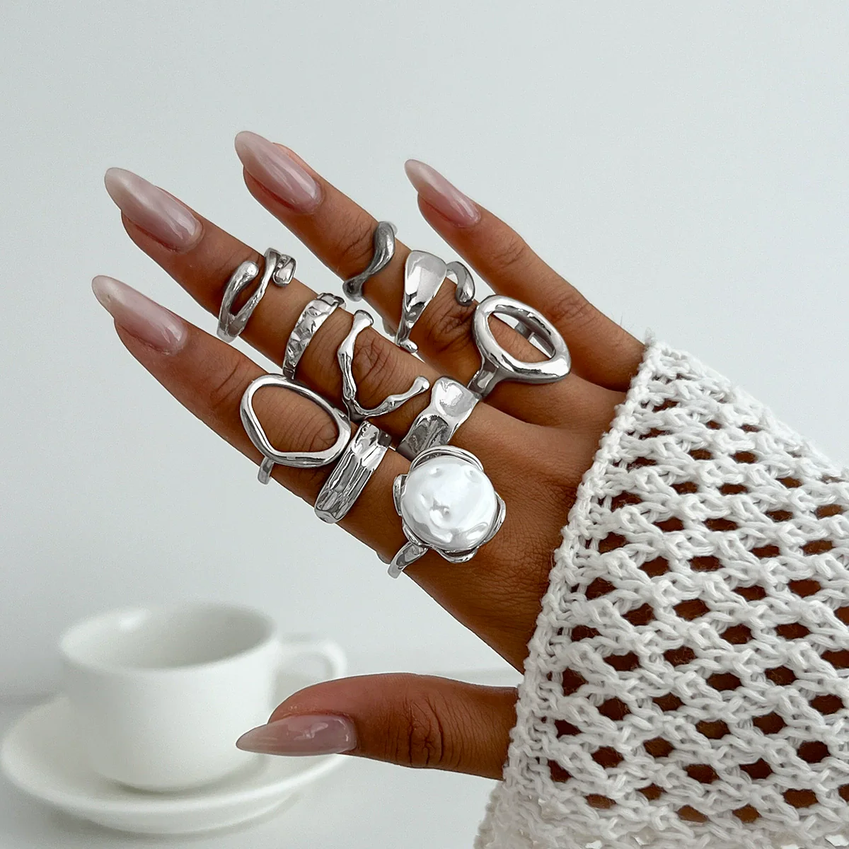 Ring Set Alloy Imitation Pearl Geometric Style Electroplating - Image 3