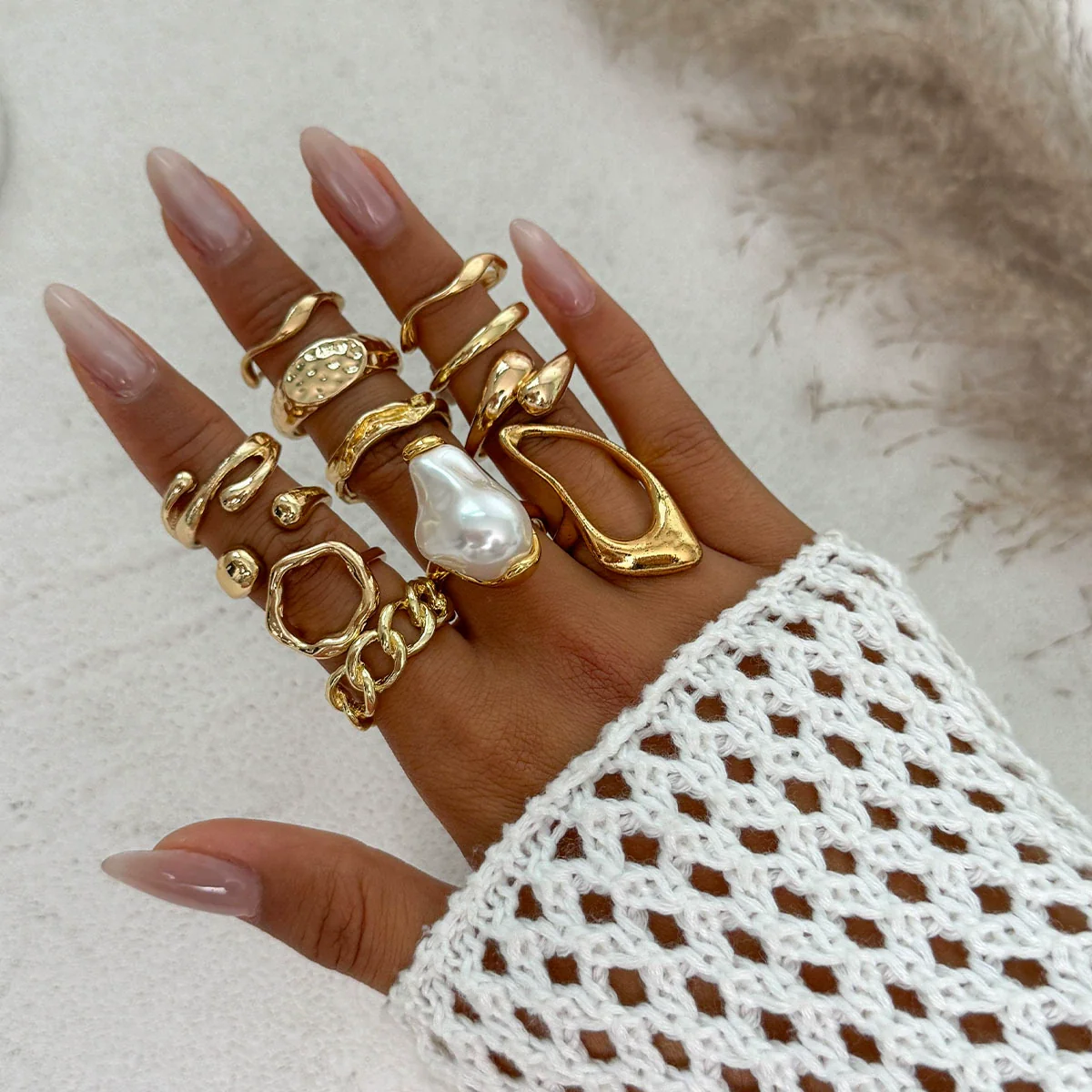 Ring Set Alloy Imitation Pearl Geometric Style Electroplating - Image 6