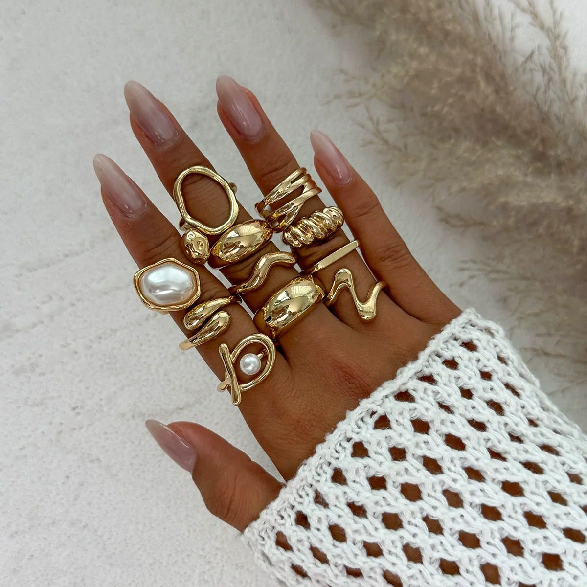 Ring Set Alloy Imitation Pearl Geometric Style Electroplating - Image 7