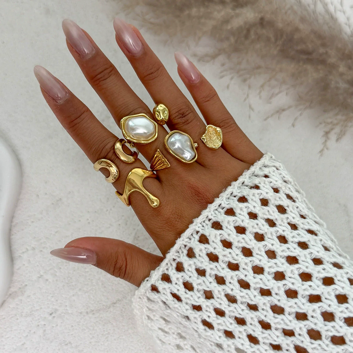 Ring Set Alloy Imitation Pearl Geometric Style Electroplating - Image 8