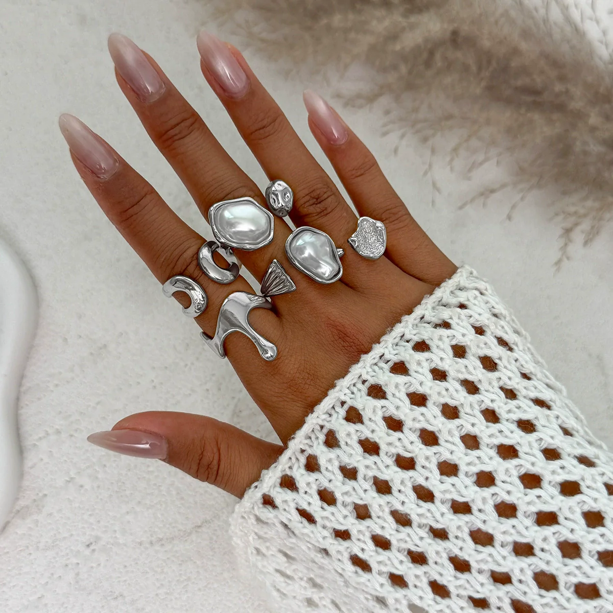 Ring Set Alloy Imitation Pearl Geometric Style Electroplating - Image 9