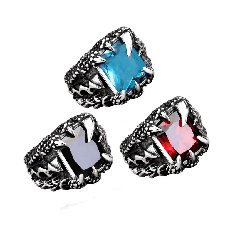 Ring Stainless Steel Ruby Dragon Claw Personality Animals Oil Design