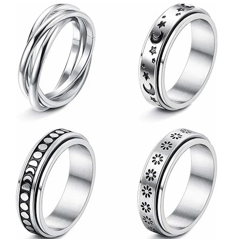 Rotatable Decompression Ring Titanium Steel Jewelry With Letters Numbers Text Electroplated For Couple