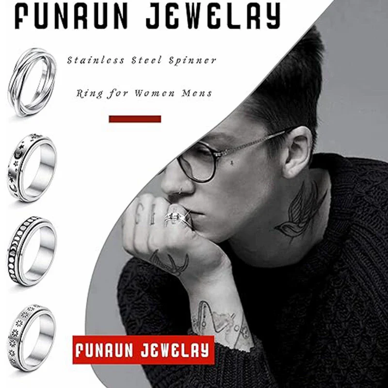 Rotating Titanium Steel Frosted Geometric Ring For Couples With Polish Finish - Image 2