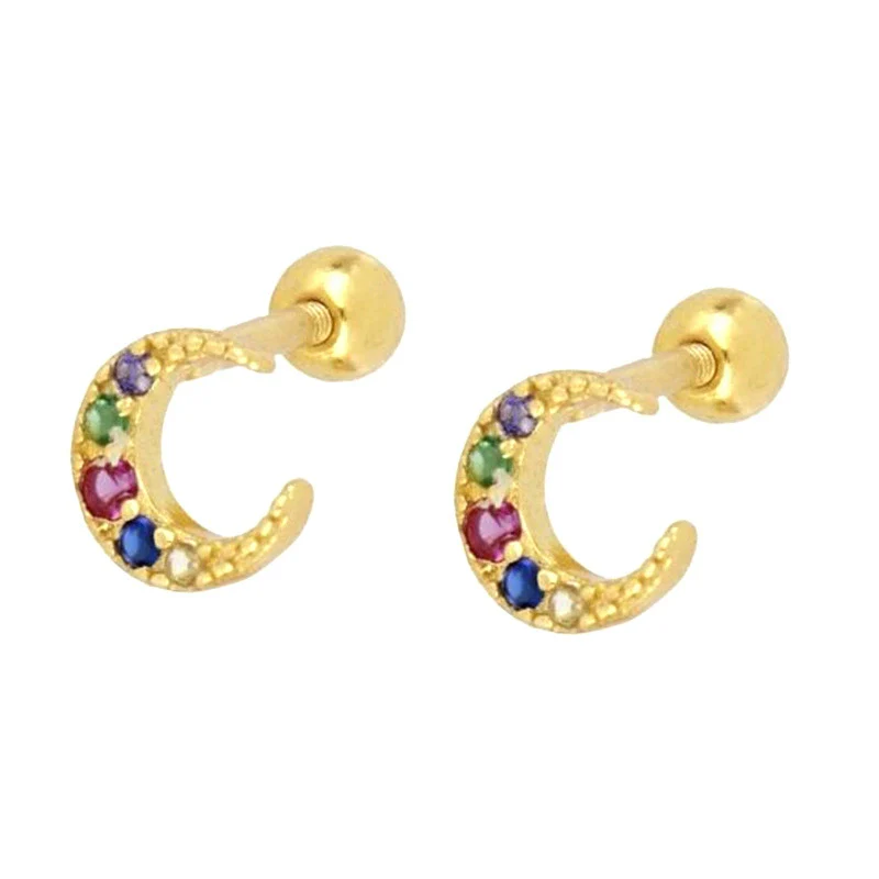S925 Silver Microinlaid Colorful Zircon Cshaped Crescent Earrings