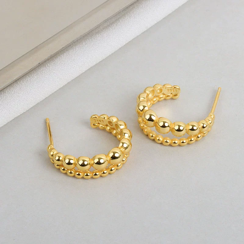 S925 Sterling Silver Double Row Round Bead Circle Stud Earrings For Female