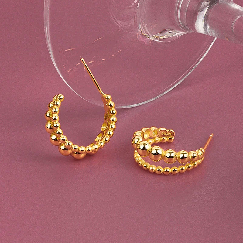 S925 Sterling Silver Double Row Round Bead Circle Stud Earrings For Female - Image 4