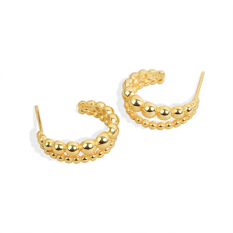 S925 Sterling Silver Double Row Round Bead Circle Stud Earrings For Female - Image 5