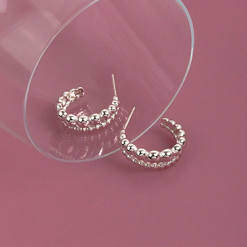 S925 Sterling Silver Double Row Round Bead Circle Stud Earrings For Female - Image 7