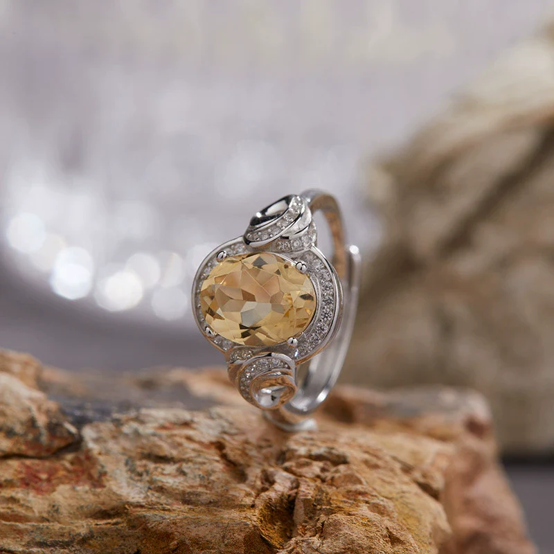 S925 Sterling Silver Natural Topaz Yellow Amethyst Colored Gemstone Ring Leaves Pattern Old Style Unisex Jewelry - Image 7